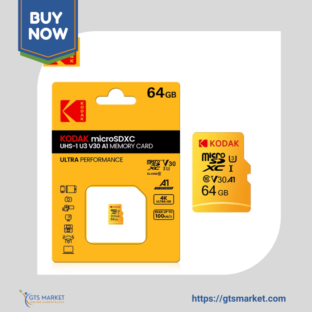 Professional news article featured image: A close-up image of a KODAK 64GB microSDXC UHS-I U3 V30 A1 memory card, showing its sleek design and branding, placed next to a high-end camera capturing a vivid landscape.. High quality, editorial style, suitable for news website, 1200x630 pixels, modern design