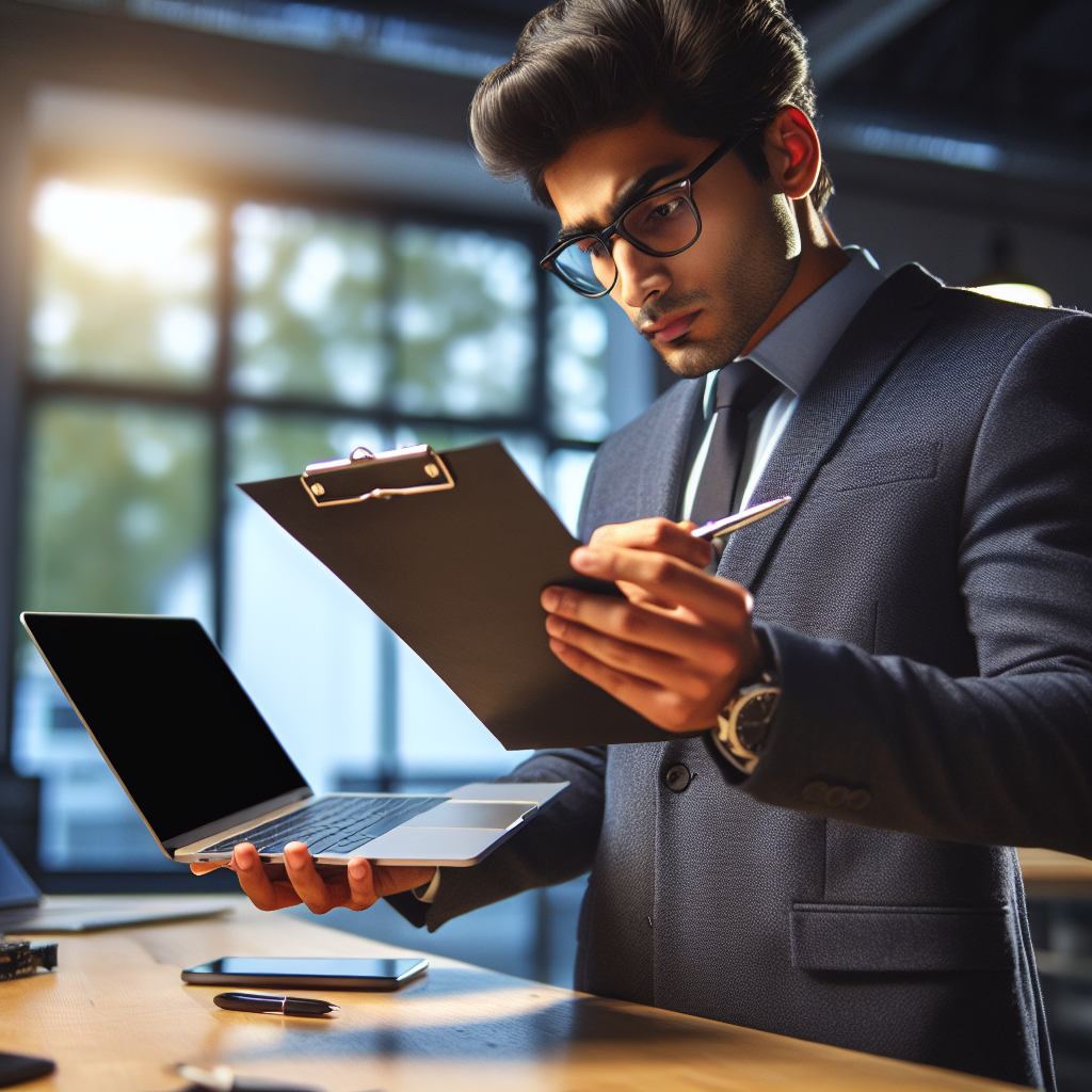 Professional news article featured image: A person inspecting a refurbished laptop with a checklist in hand. High quality, editorial style, suitable for news website, 1200x630 pixels, modern design
