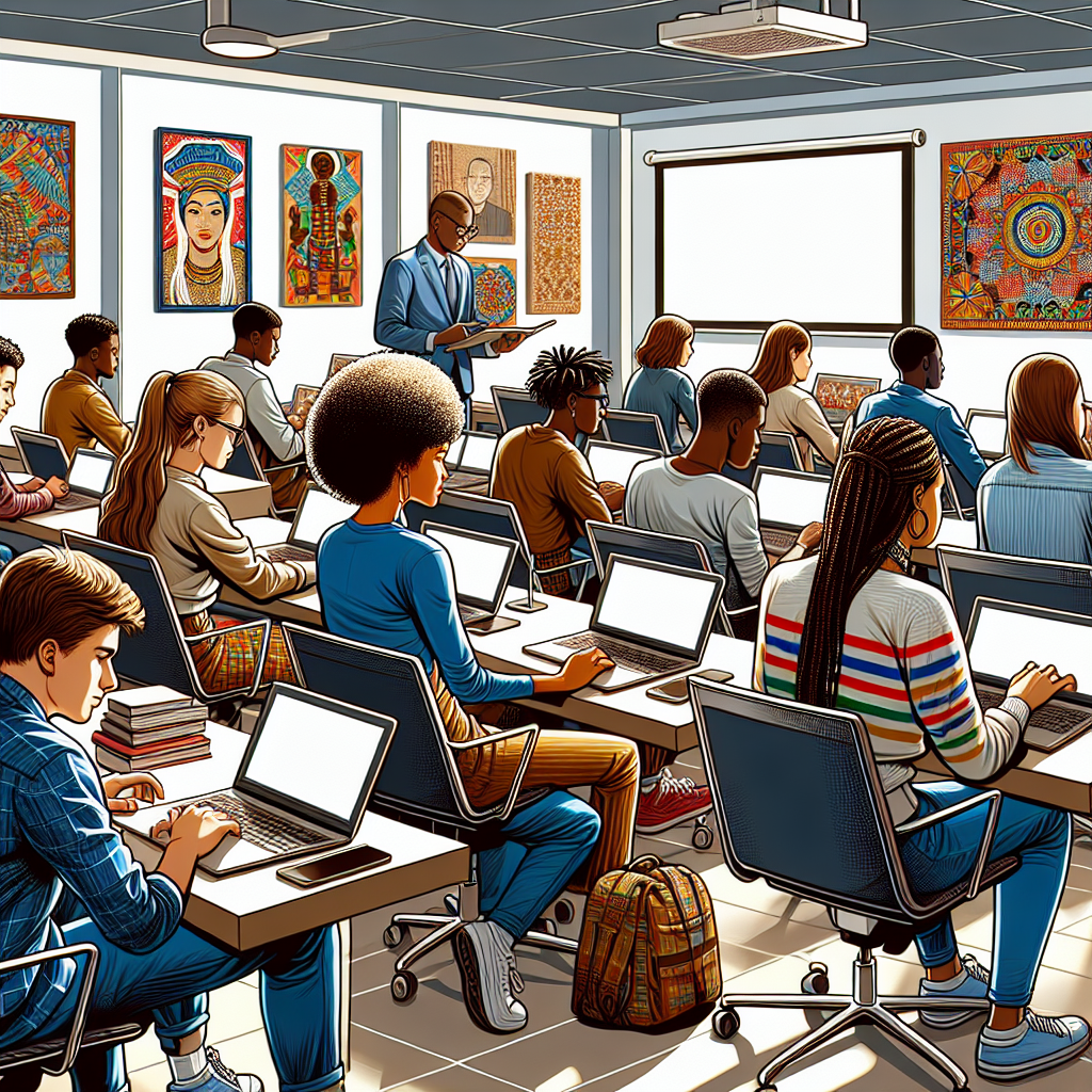 Professional news article featured image: A group of diverse students in Sunyani using laptops in a classroom setting.. High quality, editorial style, suitable for news website, 1200x630 pixels, modern design