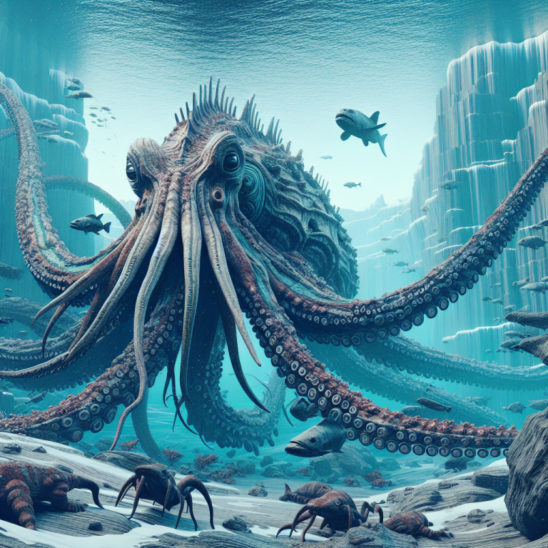 Professional news article featured image: A massive ancient octopus with long arms and powerful jaws swimming through a prehistoric ocean, surrounded by marine life from the Cretaceous period.. High quality, editorial style, suitable for news website, 1200x630 pixels, modern design
