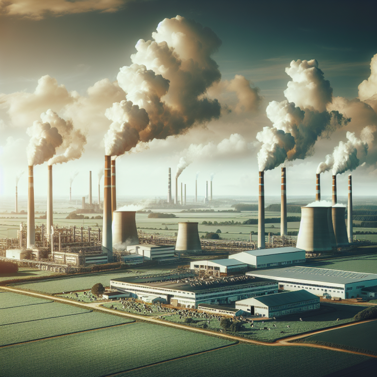 Professional news article featured image: An image of a large dairy farm with smokestacks in the background, symbolizing environmental impact, under a partly cloudy sky.. High quality, editorial style, suitable for news website, 1200x630 pixels, modern design