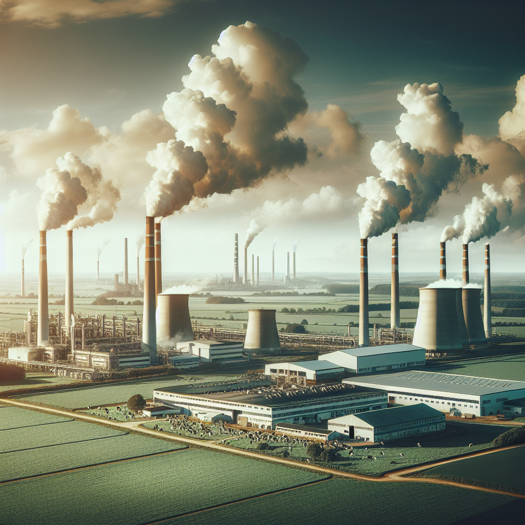 Professional news article featured image: An image of a large dairy farm with smokestacks in the background, symbolizing environmental impact, under a partly cloudy sky.. High quality, editorial style, suitable for news website, 1200x630 pixels, modern design
