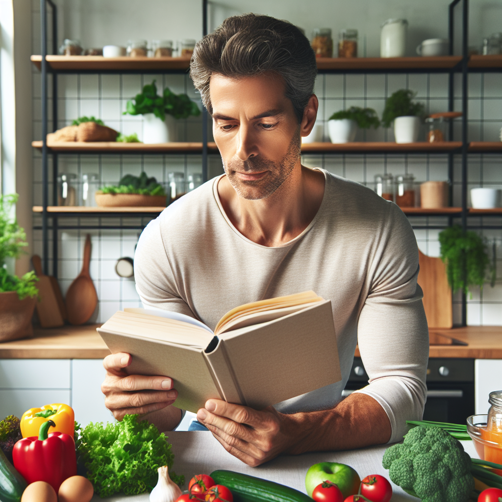 Professional news article featured image: A middle-aged man reading a book about healthy eating, surrounded by fresh vegetables and fruits, in a modern kitchen setting.. High quality, editorial style, suitable for news website, 1200x630 pixels, modern design