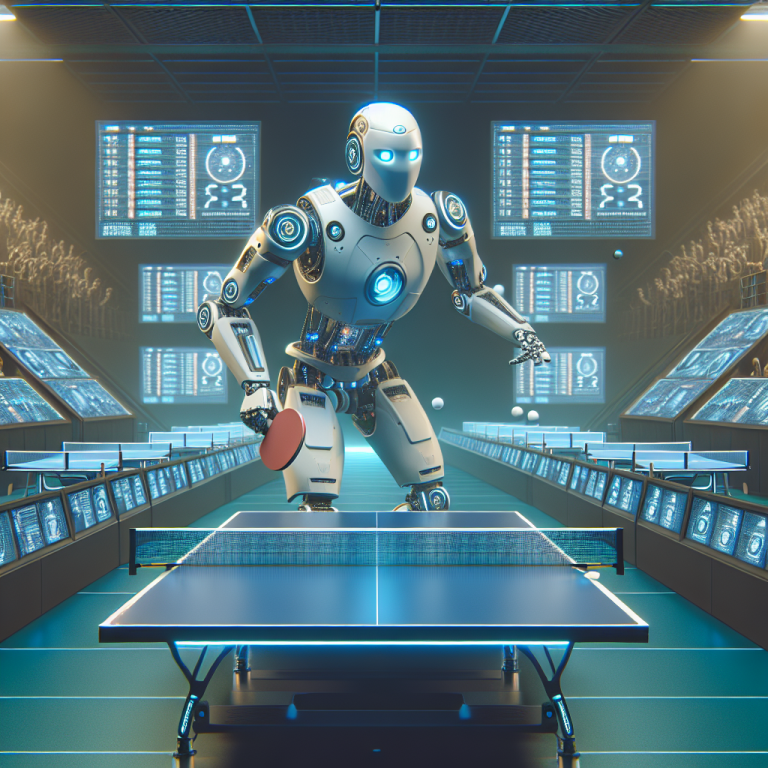 Professional news article featured image: A futuristic robot with advanced sensors playing table tennis in an arena, surrounded by digital screens displaying scores and data.. High quality, editorial style, suitable for news website, 1200x630 pixels, modern design