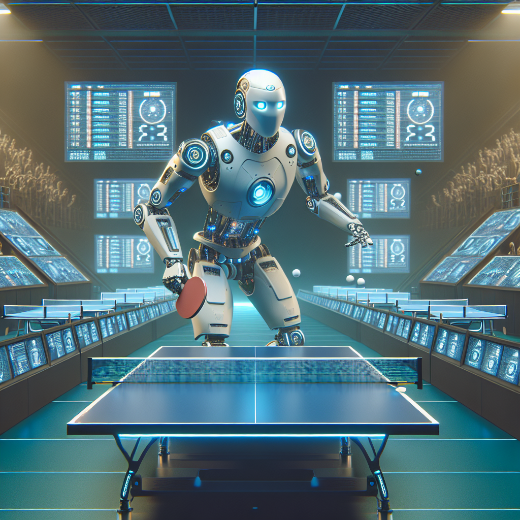 Professional news article featured image: A futuristic robot with advanced sensors playing table tennis in an arena, surrounded by digital screens displaying scores and data.. High quality, editorial style, suitable for news website, 1200x630 pixels, modern design