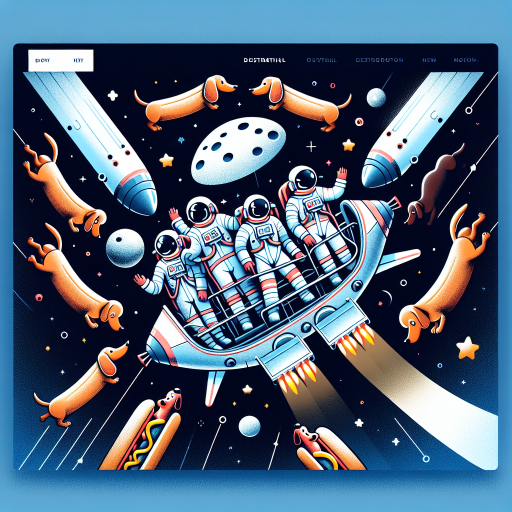 Professional news article featured image: Astronauts in a spacecraft orbiting the moon, with whimsical graphics of dachshunds and hot dogs illustrating distance.. High quality, editorial style, suitable for news website, 1200x630 pixels, modern design