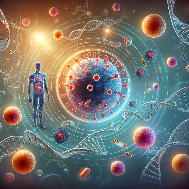 Professional news article featured image: A scientific illustration of the Epstein-Barr virus affecting human immune cells, with B-cells prominently featured, set against a background of DNA strands.. High quality, editorial style, suitable for news website, 1200x630 pixels, modern design