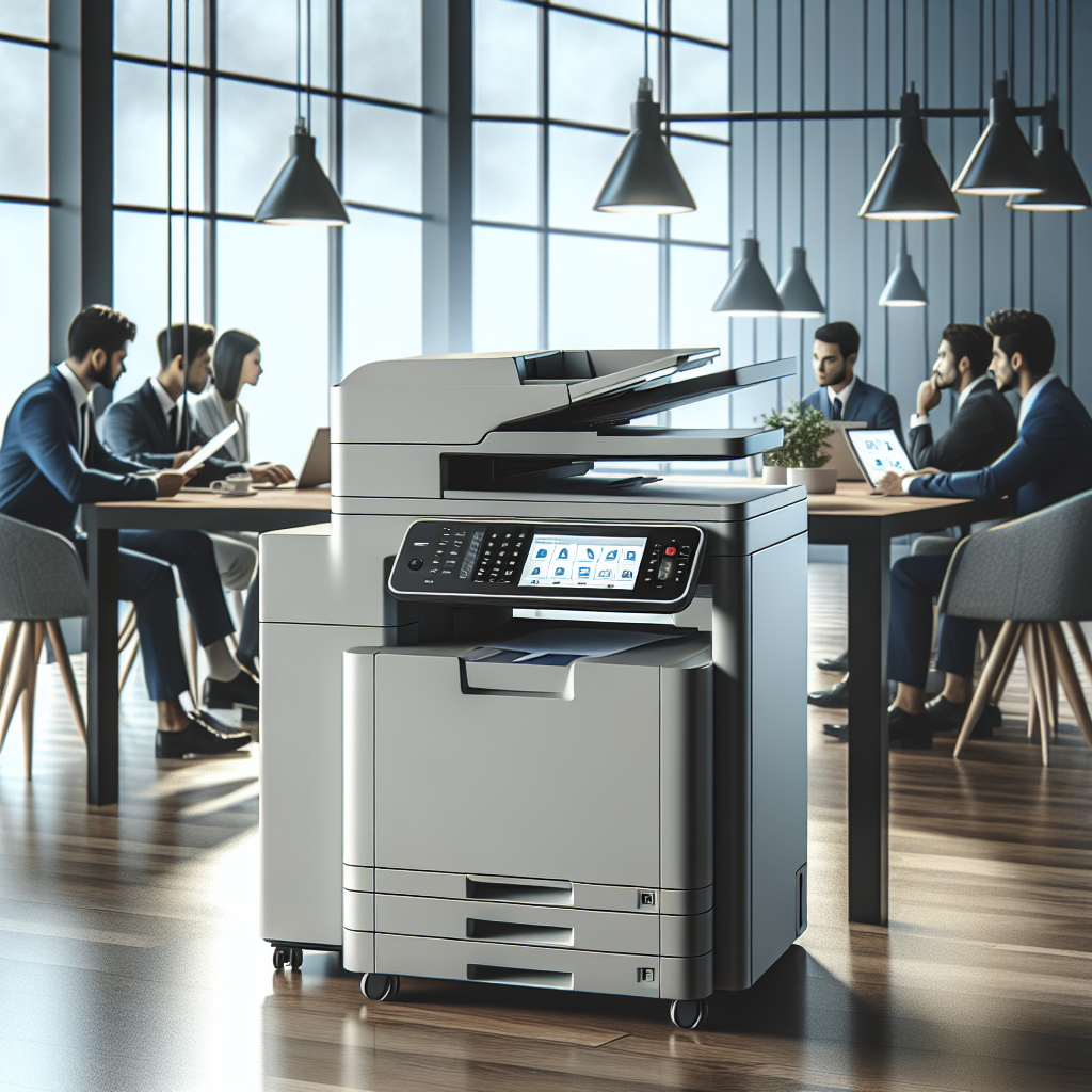 Professional news article featured image: A modern multifunction printer in an office setting, showcasing its scanning, copying, and printing capabilities.. High quality, editorial style, suitable for news website, 1200x630 pixels, modern design