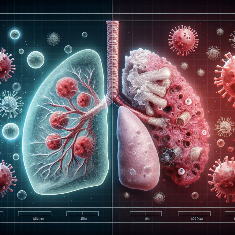 Professional news article featured image: A scientific illustration showing a comparison between healthy lung tissue and lung tissue affected by cancer cells, with a subtle overlay of cold virus particles.. High quality, editorial style, suitable for news website, 1200x630 pixels, modern design